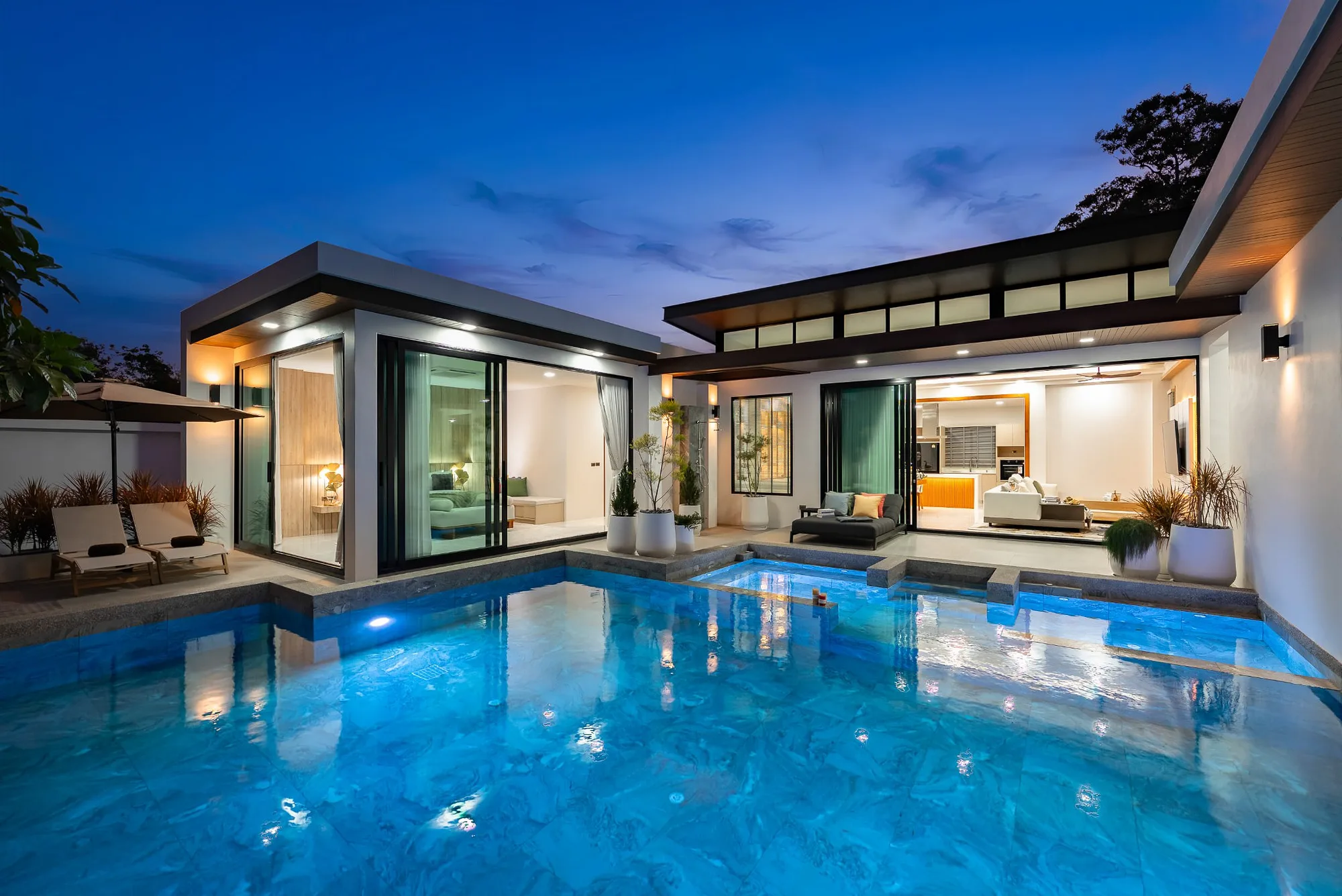 Pool villa at twilight