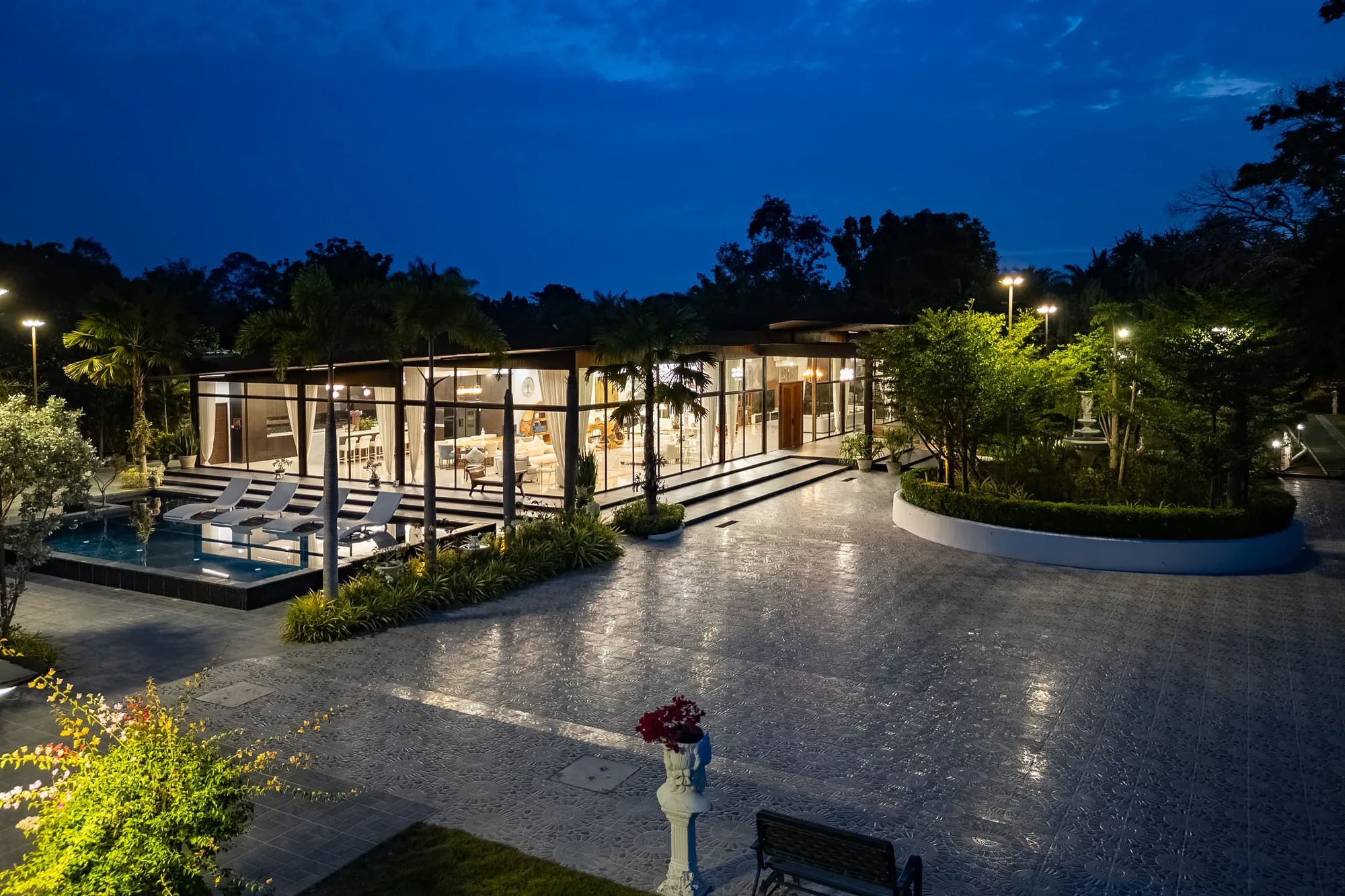 Pool pavilion at dusk