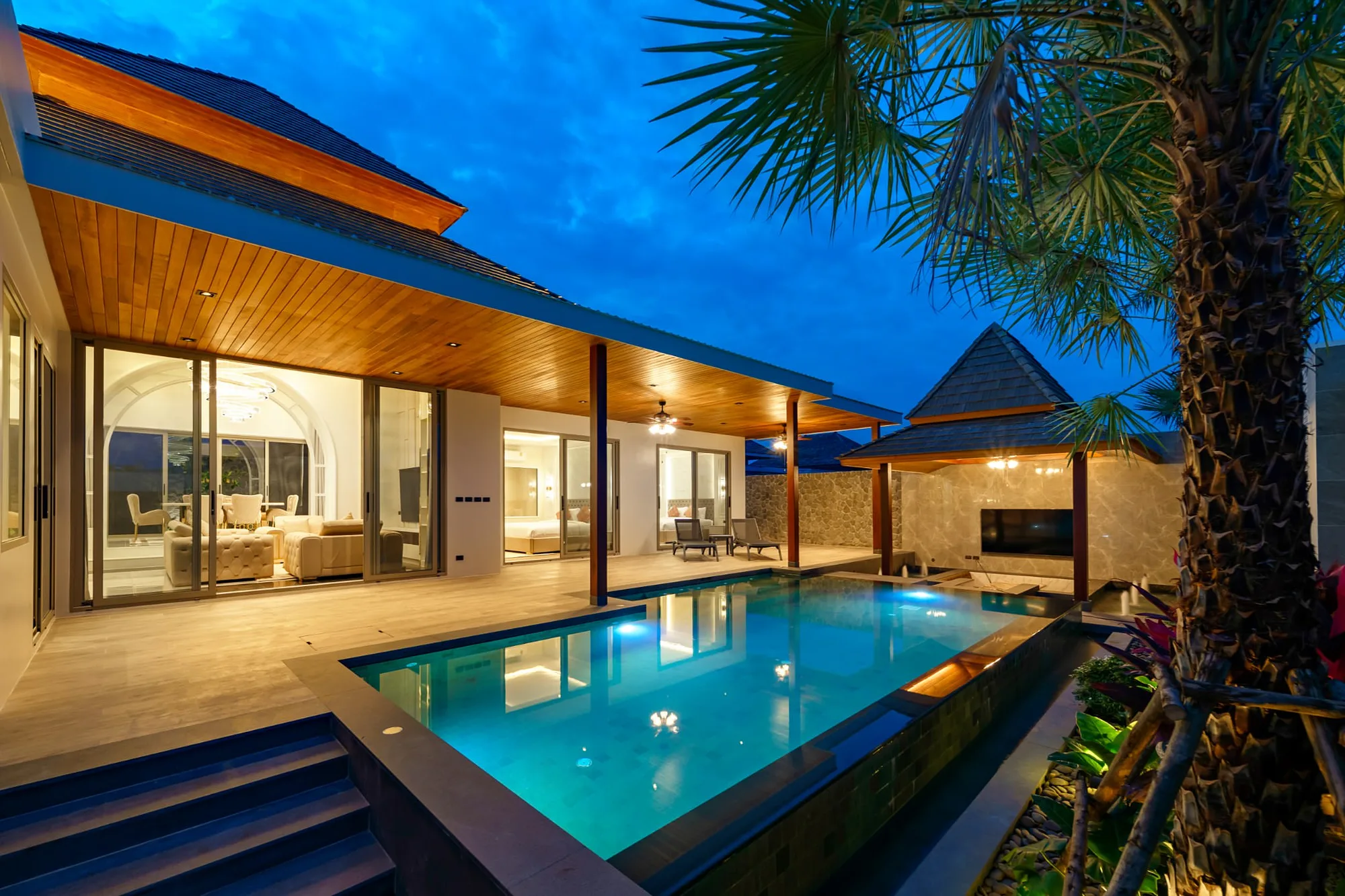 Pool pavilion at blue hour