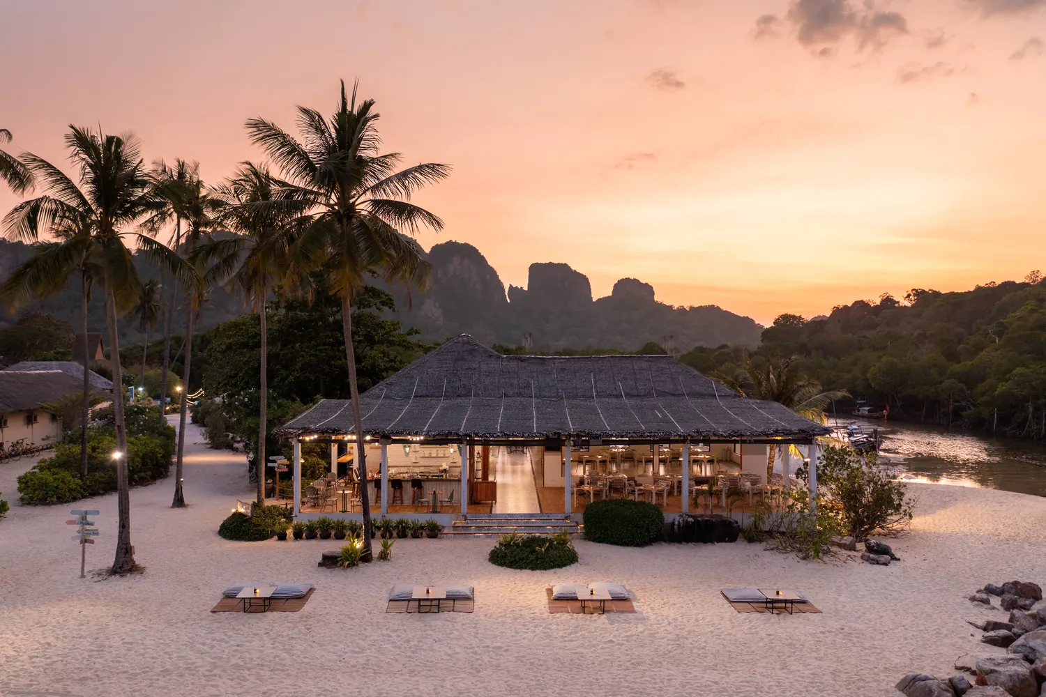 Saii Phi Phi Island Village beachfront restaurant at sunset