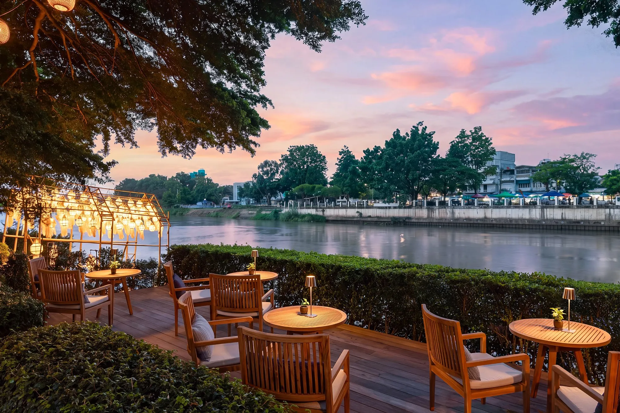 Riverside terrace at sunset