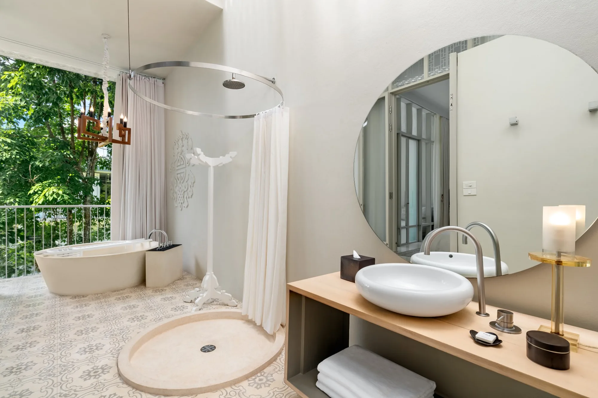 Villa bathroom with rain shower and tub