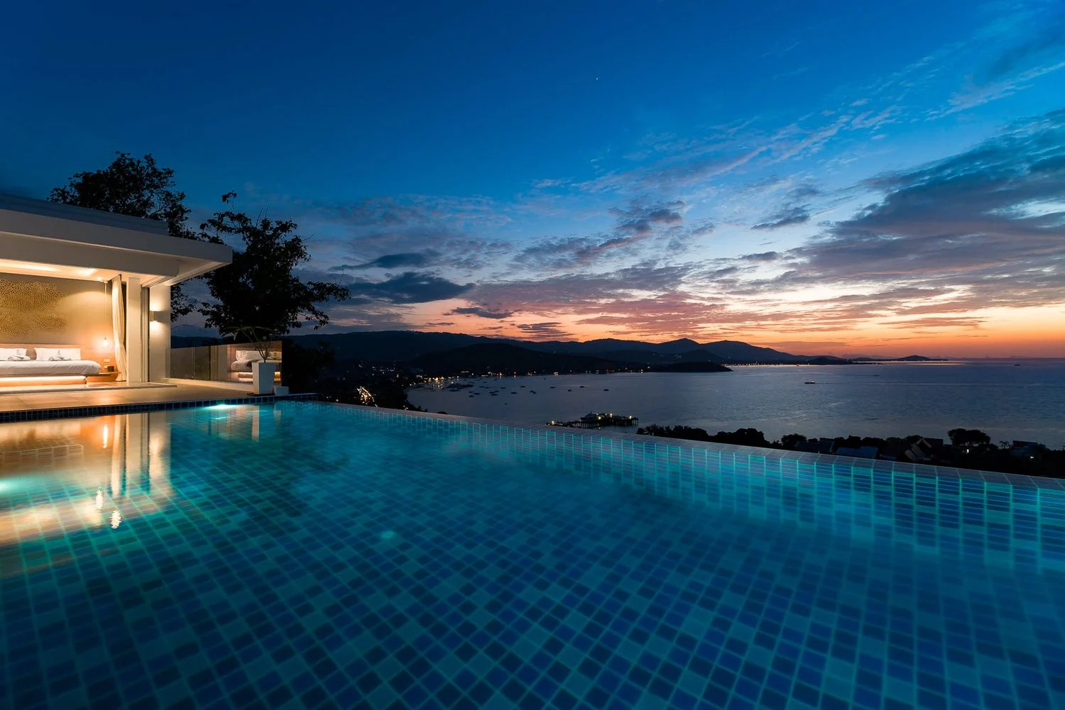 Villa N exterior at twilight