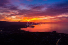 Aerial view north koh samui sunset over bangrak bay