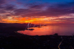 Aerial view north koh samui sunset over bangrak bay